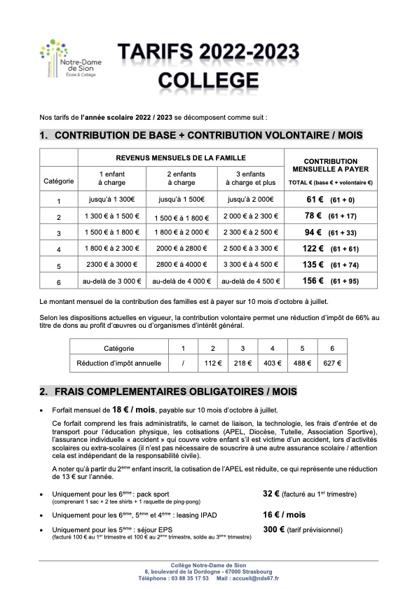 tarifs collège 2022 2023 1