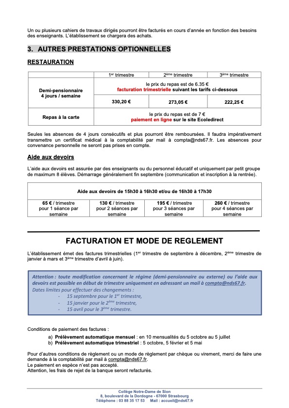 tarifs collège 2022 2023 2